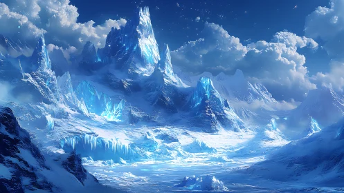 Frozen crystalline mountain range under clear night sky.