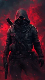 Hooded armed figure in dark armor amid red abstract flames.