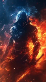 Emberclad shadow warrior striding through twin-born flames.