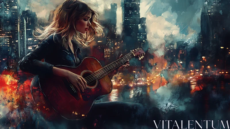 Guitarist plays against a glowing night city skyline backdrop
