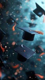 Graduation caps in dynamic motion with teal bokeh background.