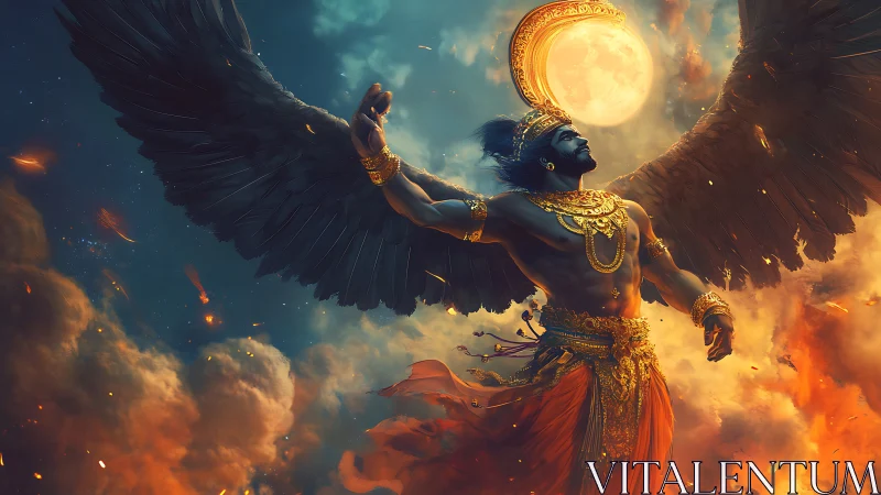 Winged mythic guardian ascending through combusting heavens.