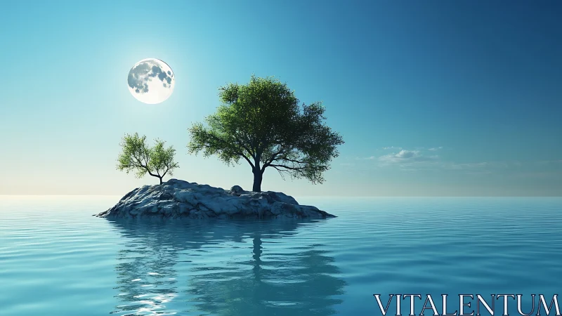 Tranquil Island Escape: Solitary Trees Meet Serene Waters