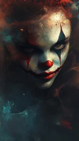 Clown-faced figure stares forward through dark smoky void