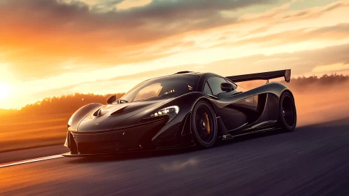 Midnight black supercar gliding through a glowing sunset.