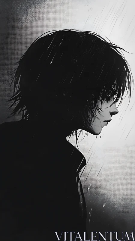 Melancholic profile in rain, stark monochrome mood study.