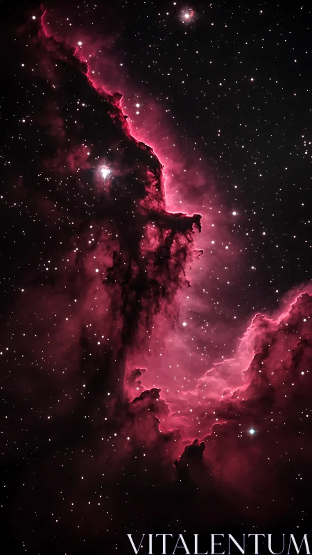 Majestic crimson nebula glows amid dense starfield in space.