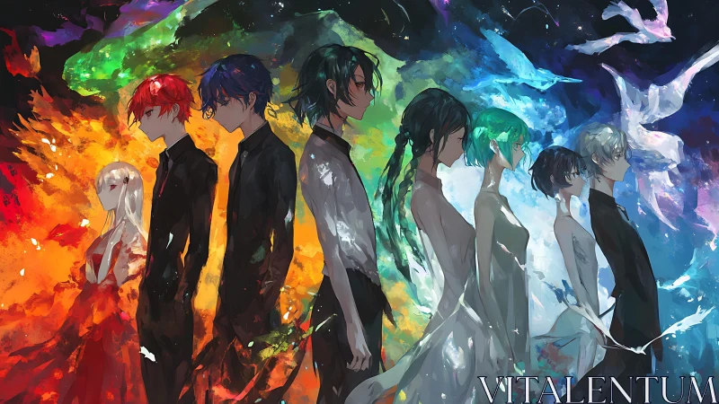 Chromatic anime figures align across elemental abstract spectrum