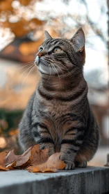 Thoughtful Tabby Cat Gazing Upward in Autumn