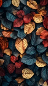 Autumn leaves form rich teal and amber abstract pattern.
