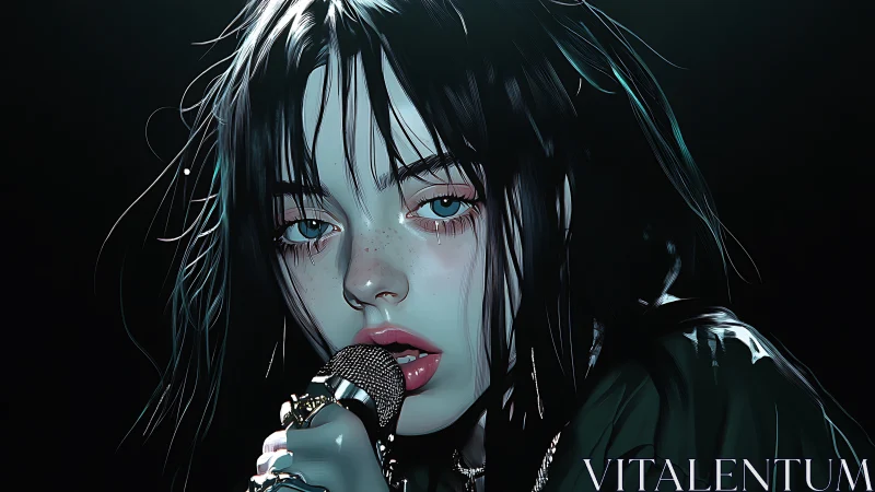 Digital portrait shows blue-eyed singer holding stage microphone