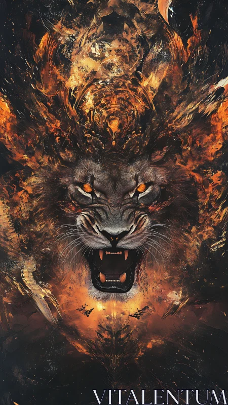 Fiery roaring tiger forged from swirling cosmic flames.