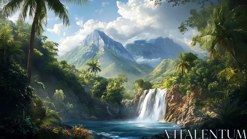 Luminous tropical waterfall vista in layered digital painting.