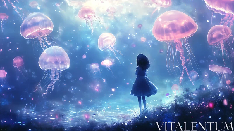 Backlit girl observes luminous drifting jellyfish in ethereal fog