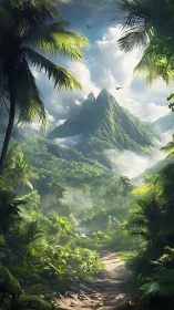 Emerald jungle trail winding toward mist crowned mountains.
