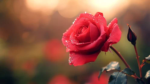 Dew kissed red rose in soft golden sunset bokeh glow.