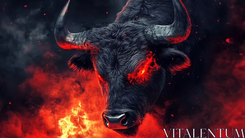 Infernal bull portrait rendered in high-contrast digital flames