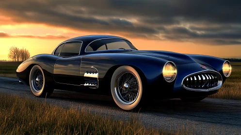 Classic dark blue sports coupe parked on rural road at dusk