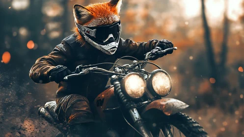 Fox-headed motorcyclist rides through autumn forest trail.