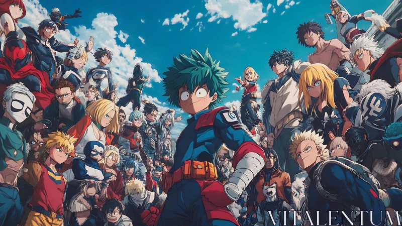 Hero students assemble under bright sky in tense formation