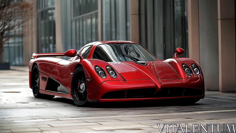 Crimson street missile lounges between glass towers at dawn.