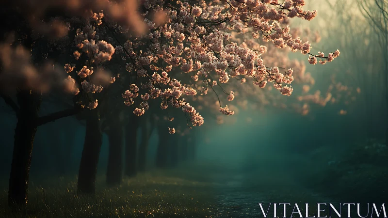 Cherry blossom trees line a dim, misty forest path