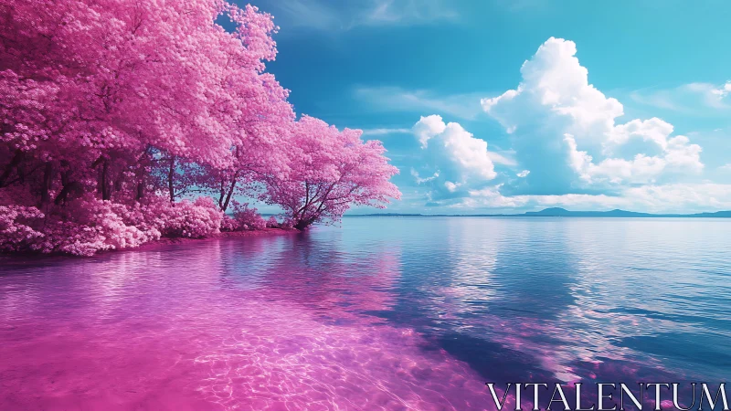 Pink shoreline trees meet turquoise sky over calm lake