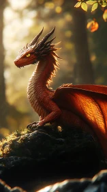Red dragon perched on forest rock in warm backlight scene.