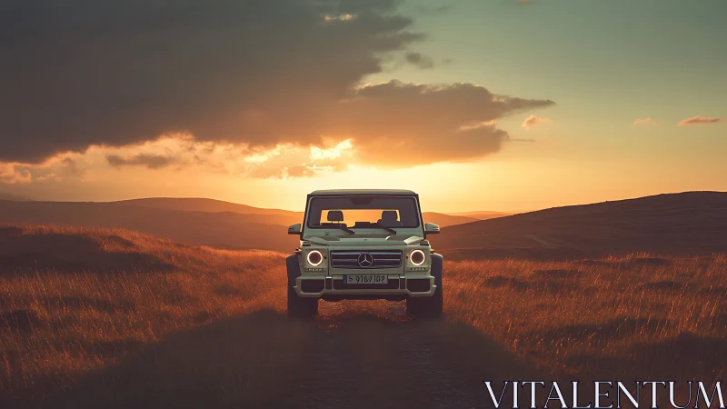 Photorealistic SUV front view in cinematic sunset landscape.