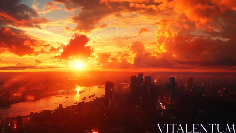 Glowing sunset gently washes a quiet riverside city in light