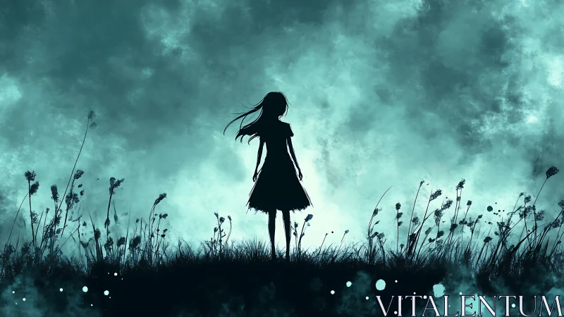 Silhouetted girl stands alone in glowing teal dusk field