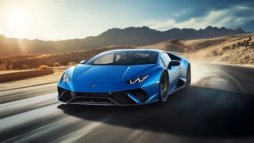 Blue supercar on desert highway at speed during sunset.