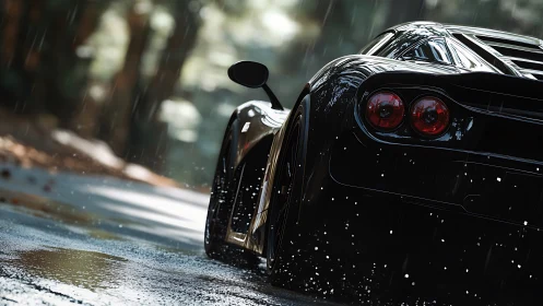 Black supercar slicing through rainy forest road scene.