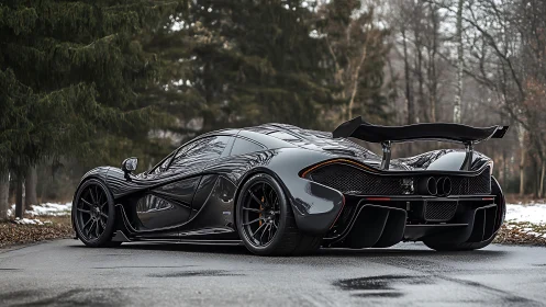 Carbon black hypercar dominates quiet winter forest road.