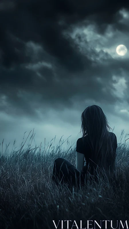 Solitary woman contemplates a moonlit stormy night sky