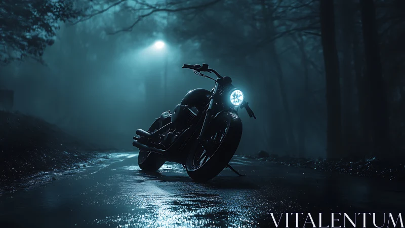 Low-angle nocturnal motorcycle study on wet forest roadway
