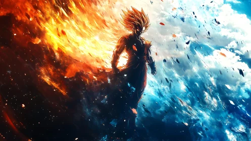 Fiery anime warrior silhouette against split sky backdrop.
