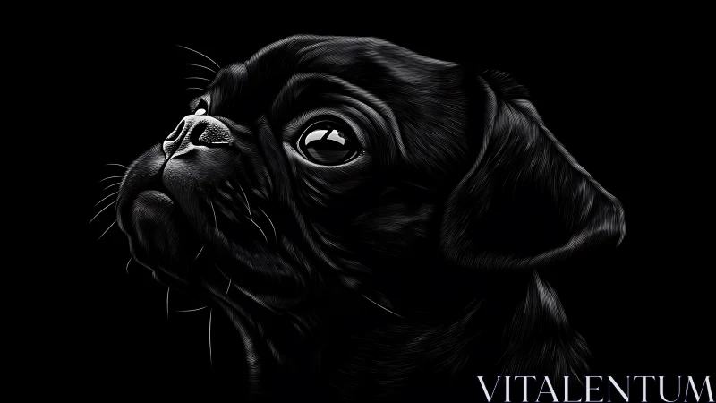 Glistening black pug portrait glows from a deep shadowed void