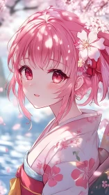 Sakura-lit anime portrait with pink kimono and blossom bokeh.