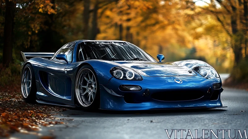Blue sports car on forest road in soft autumn light.