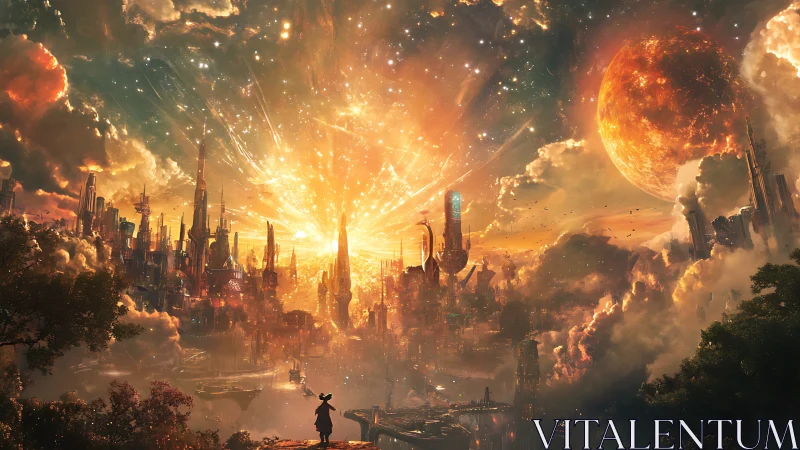 Celestial burst ignites a lone wanderer&rsquo;s futuristic city