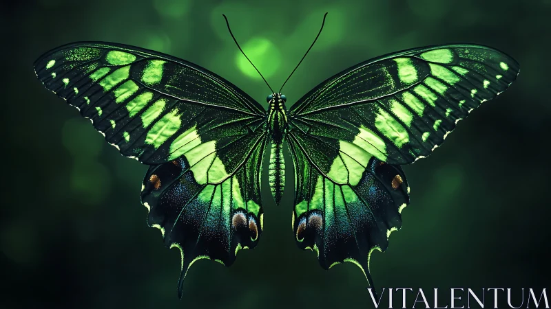 Emerald green butterfly spreads luminous wings in shadowed forest.