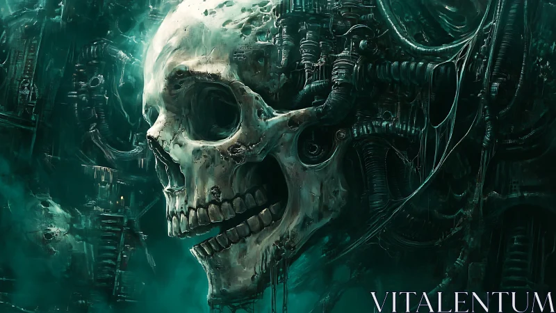 Colossal biomechanical skull looms in a cold teal abyss
