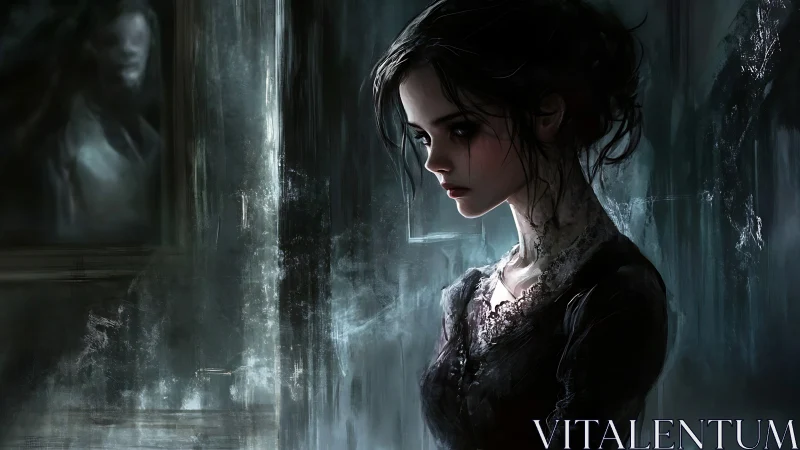 Melancholy ghostlit girl pausing in a rain-streaked hallway.