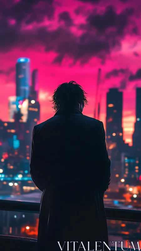 Lone city dreamer gazing into a glowing neon sunset sky.