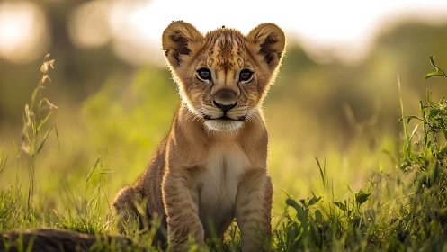 Backlit juvenile lion in shallow-depth grassland portrait.