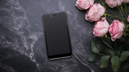 Smartphone on marble surface with pastel roses arrangement.