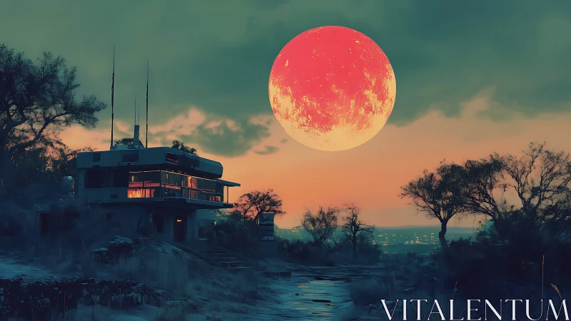 Scarlet moon hangs over futuristic desert outpost at dusk.