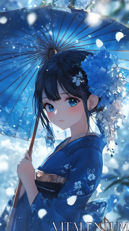 Girl in blue kimono holds umbrella amid falling petals