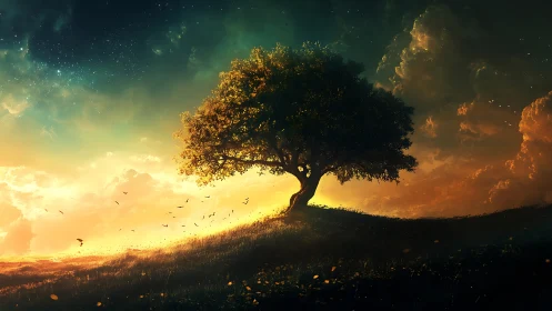 Lone hillside tree glowing beneath a celestial dusk sky.